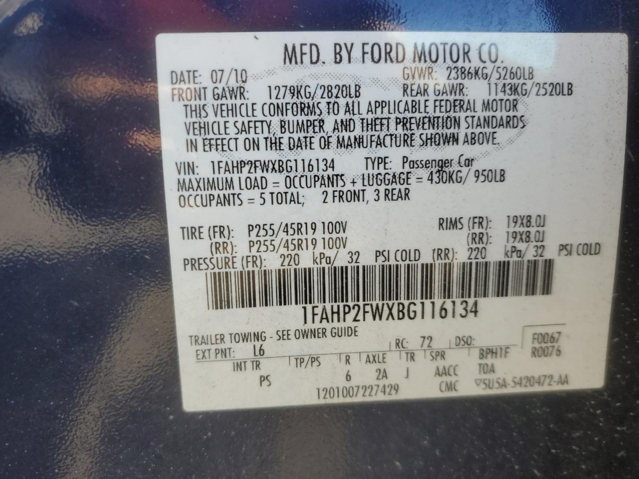 2011 Ford Taurus Limited VIN: 1FAHP2FWXBG116134 Lot: 85744835