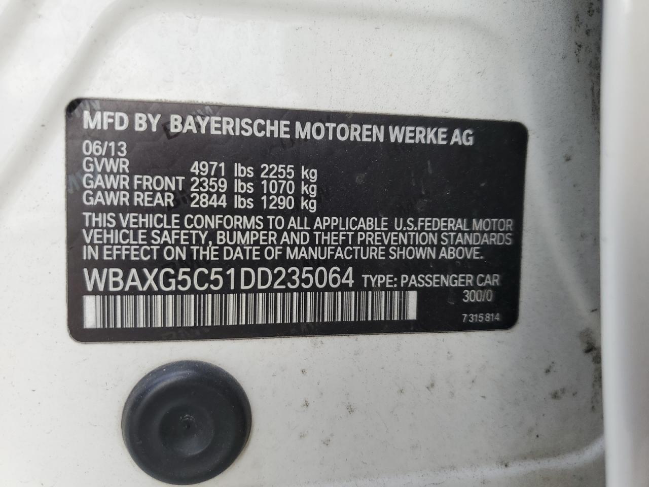 2013 BMW 528 I VIN: WBAXG5C51DD235064 Lot: 85705285