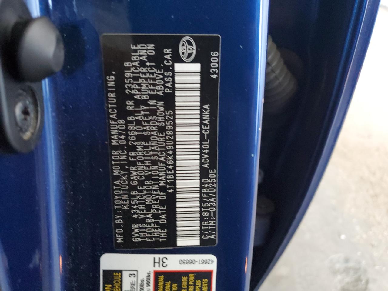 2009 Toyota Camry Base VIN: 4T1BE46K49U289525 Lot: 85647815