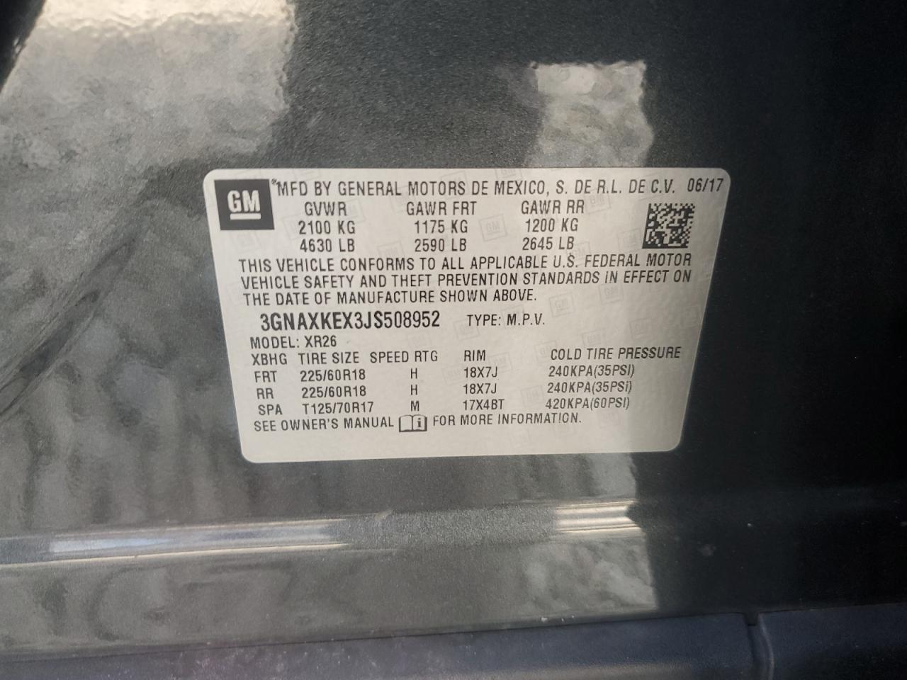 2018 Chevrolet Equinox Lt VIN: 3GNAXKEX3JS508952 Lot: 82252625