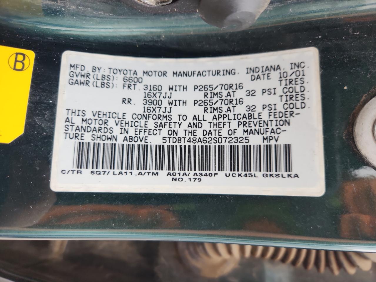 2002 Toyota Sequoia Limited VIN: 5TDBT48A62S072325 Lot: 82201365