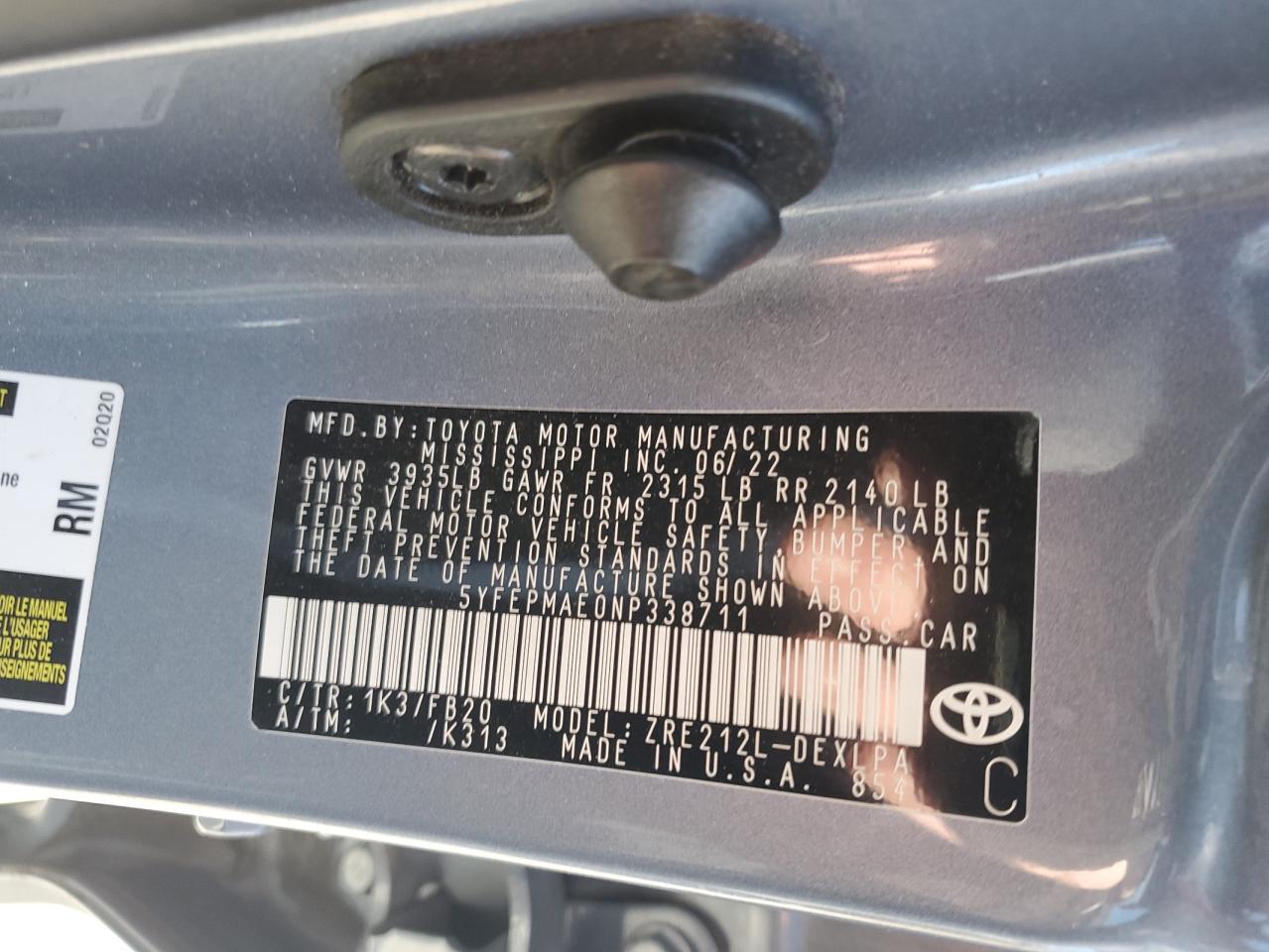 2022 Toyota Corolla Le VIN: 5YFEPMAE0NP338711 Lot: 85374005