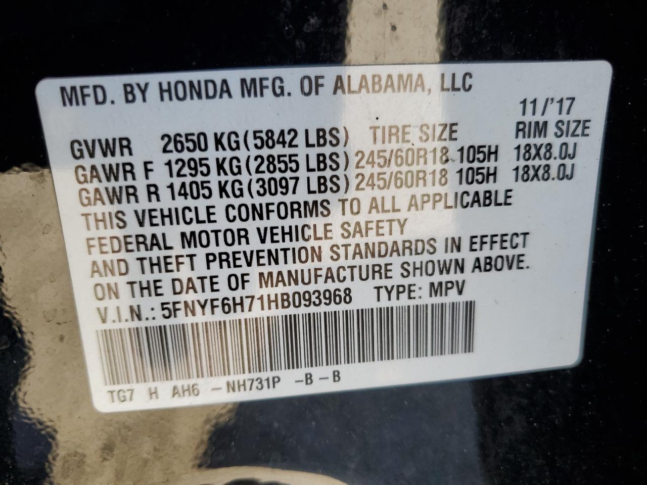 2017 Honda Pilot Exln VIN: 5FNYF6H71HB093968 Lot: 84877045