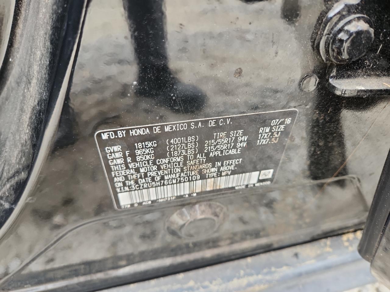 2016 Honda Hr-V Exl VIN: 3CZRU5H76GM750109 Lot: 82327025