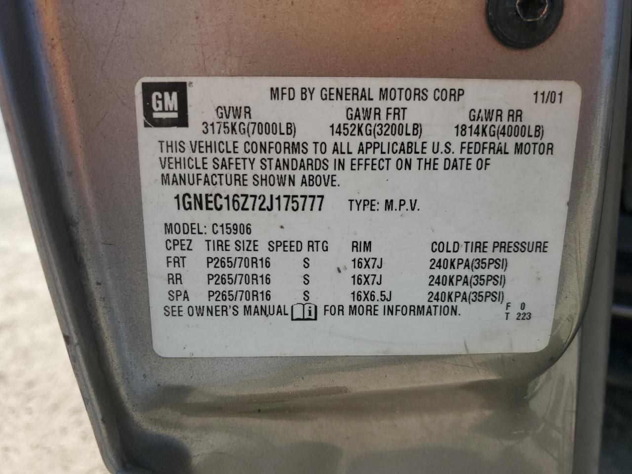 2002 Chevrolet Suburban C1500 VIN: 1GNEC16Z72J175777 Lot: 85103175