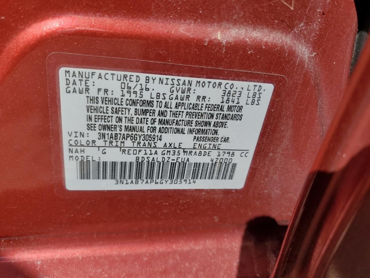 2016 Nissan Sentra S VIN: 3N1AB7AP6GY305914 Lot: 84792765