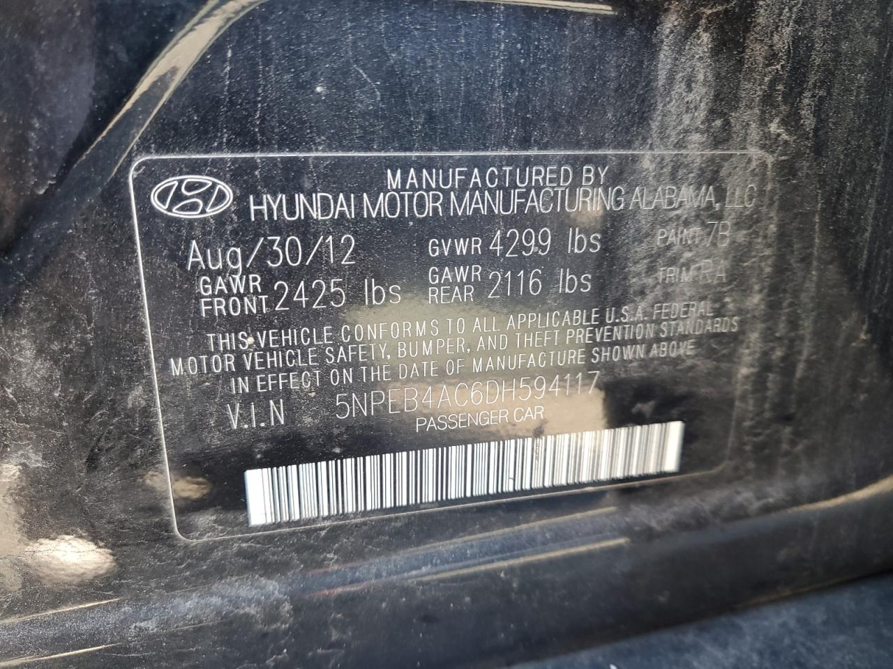 2013 Hyundai Sonata Gls VIN: 5NPEB4AC6DH594117 Lot: 85600145