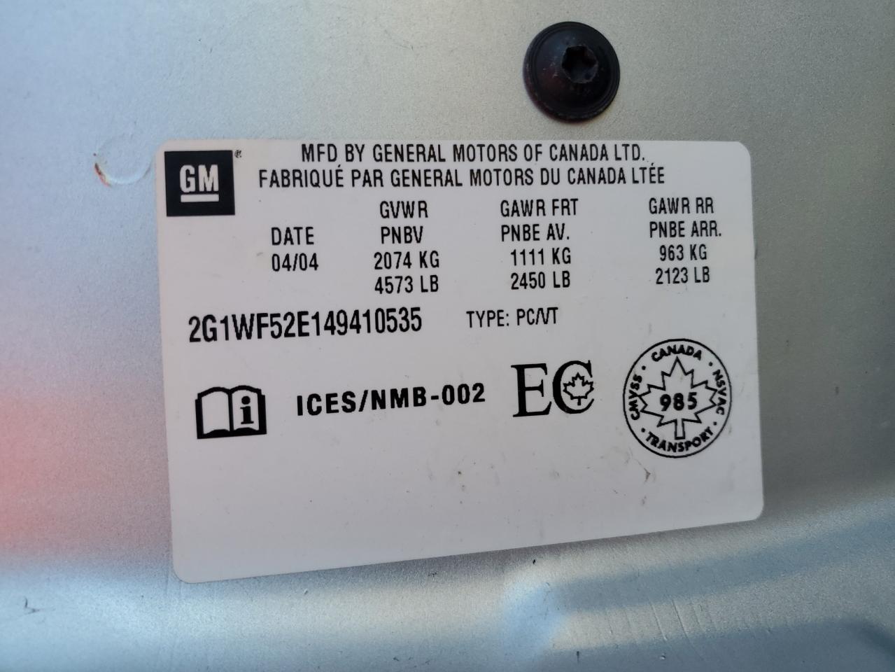 2004 Chevrolet Impala VIN: 2G1WF52E149410535 Lot: 84812685