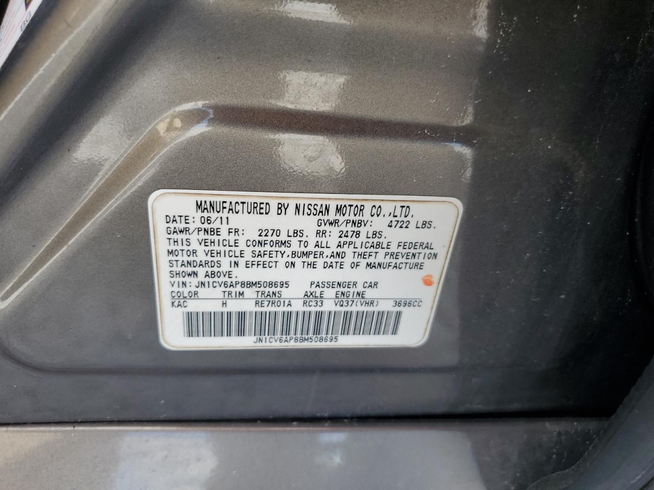 2011 Infiniti G37 Base VIN: JN1CV6AP8BM508695 Lot: 87182495