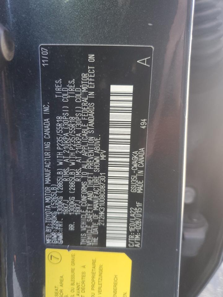 2008 Lexus Rx 350 VIN: 2T2HK31U08C087301 Lot: 82539725