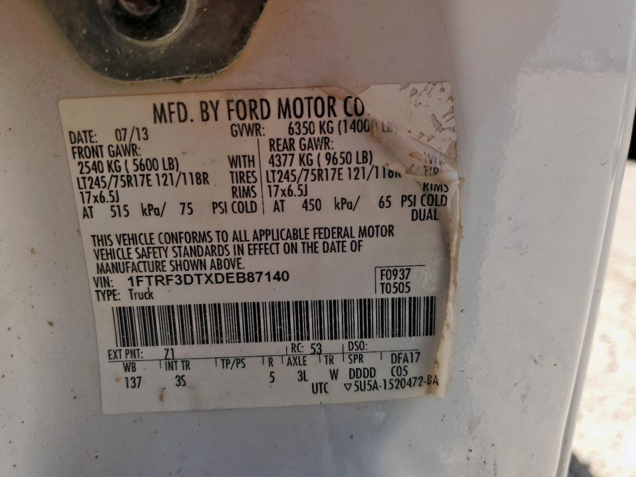 2013 Ford F350 Super Duty VIN: 1FTRF3DTXDEB87140 Lot: 84242635