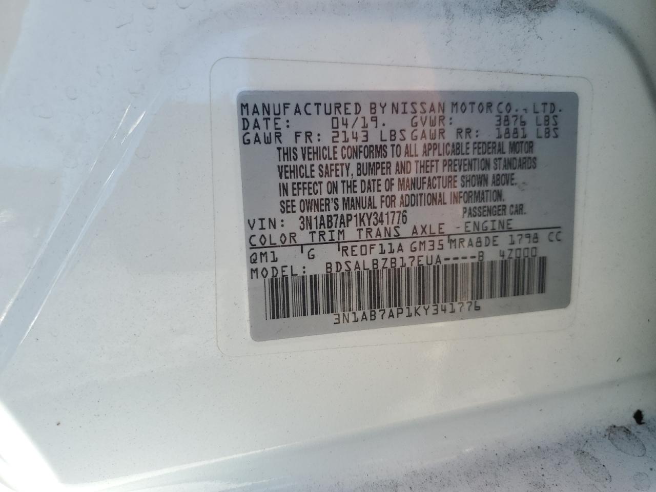 2019 Nissan Sentra S VIN: 3N1AB7AP1KY341776 Lot: 82461935