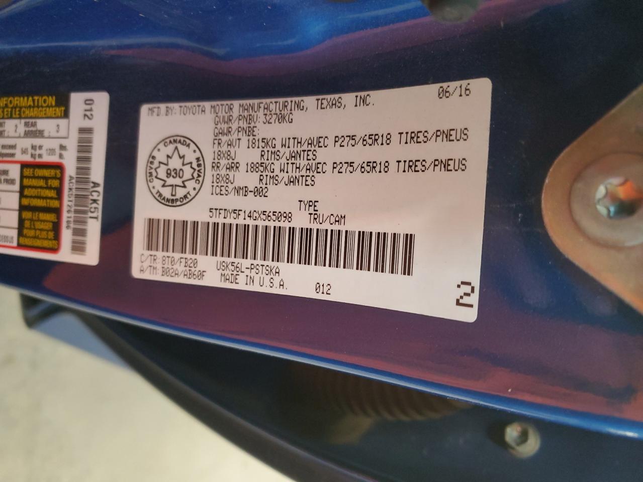 2016 Toyota Tundra Crewmax Sr5 VIN: 5TFDY5F14GX565098 Lot: 86274975