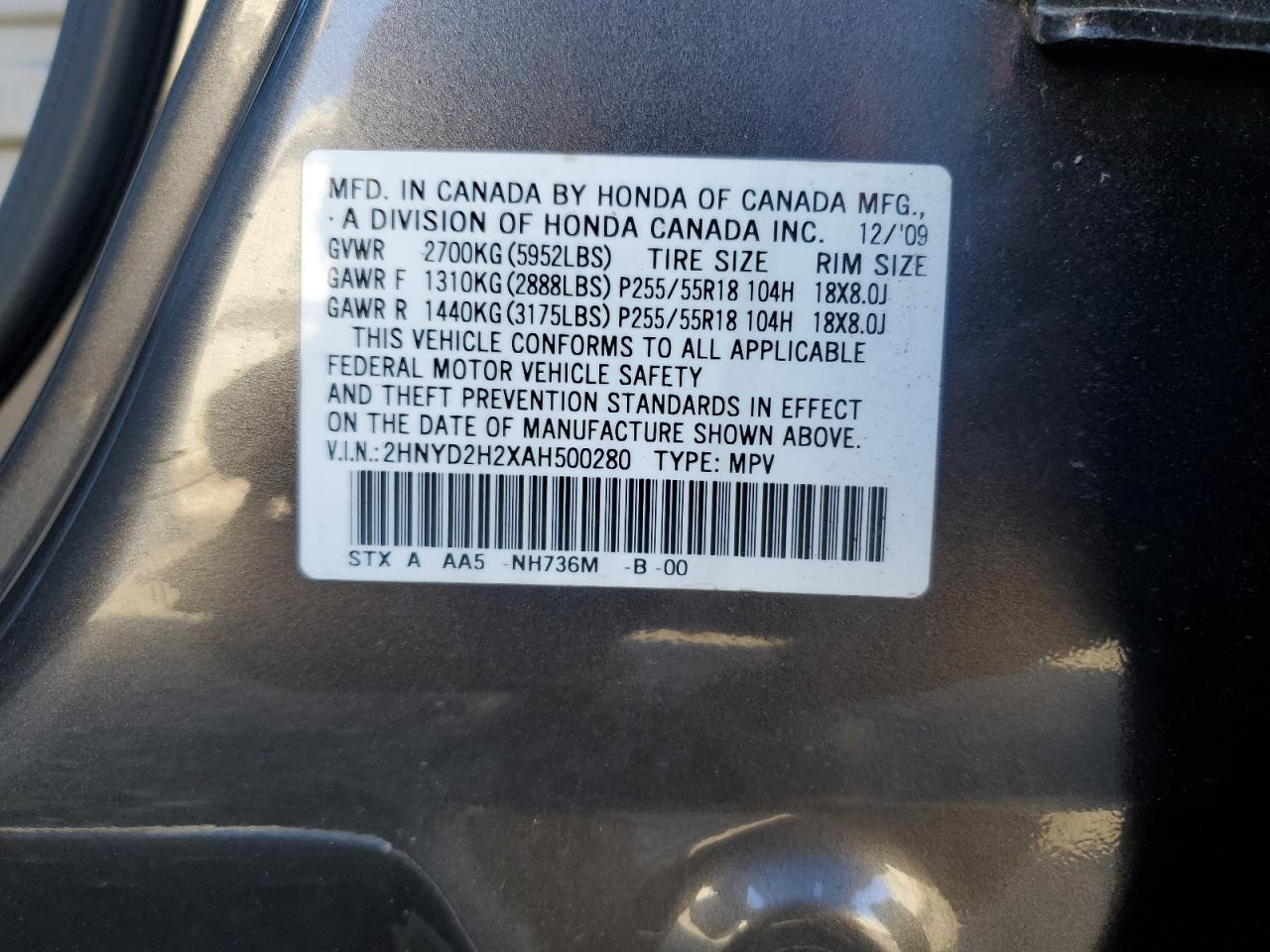 2010 Acura Mdx VIN: 2HNYD2H2XAH500280 Lot: 82521595