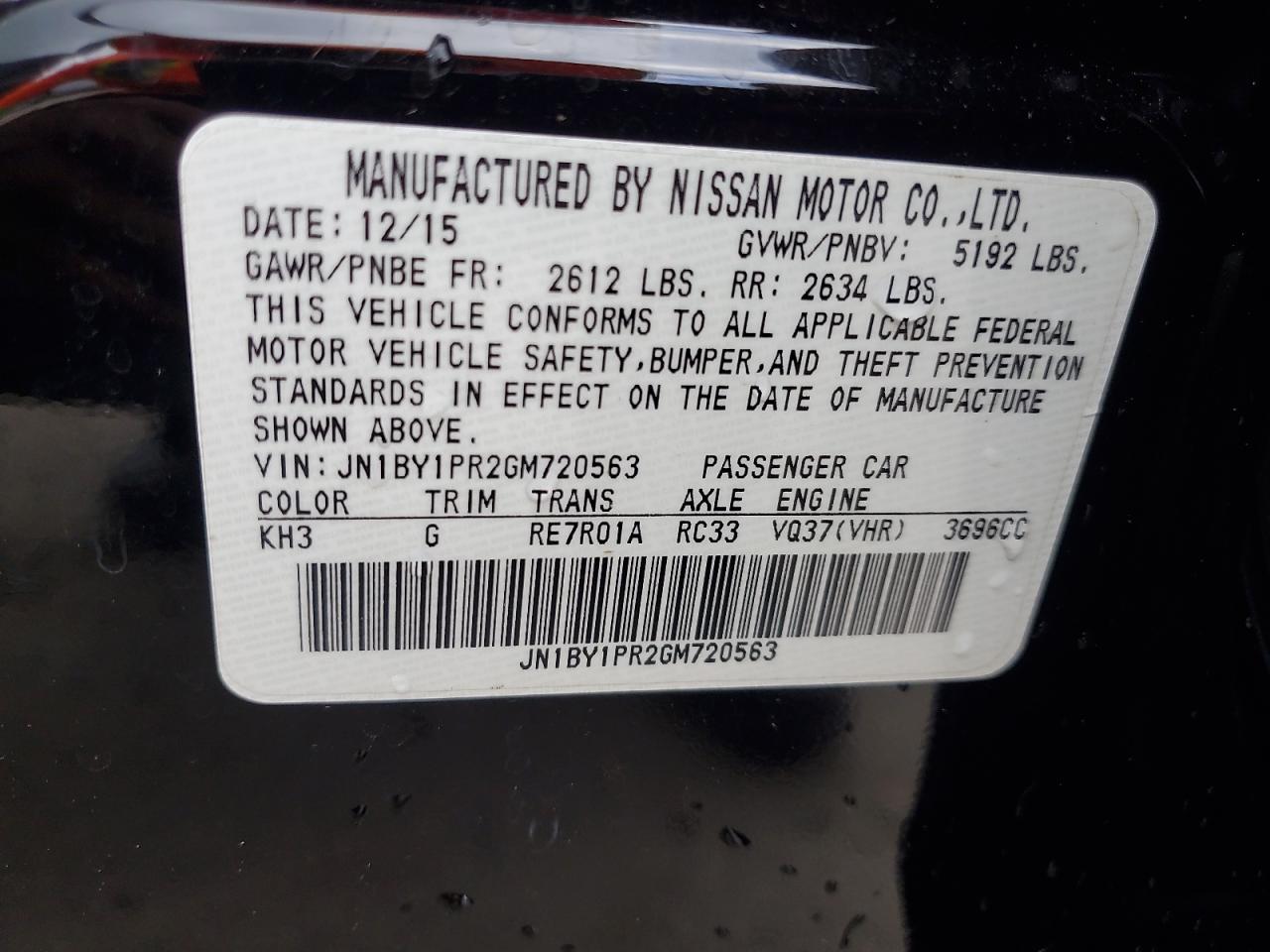 2016 Infiniti Q70L 3.7 VIN: JN1BY1PR2GM720563 Lot: 84559445