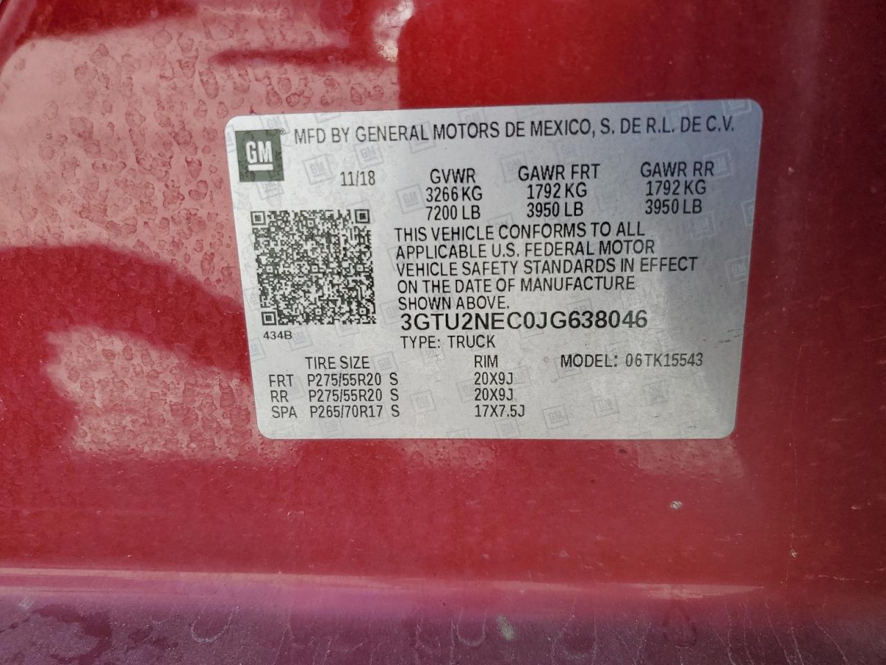 2018 GMC Sierra K1500 Slt VIN: 3GTU2NEC0JG638046 Lot: 85801315