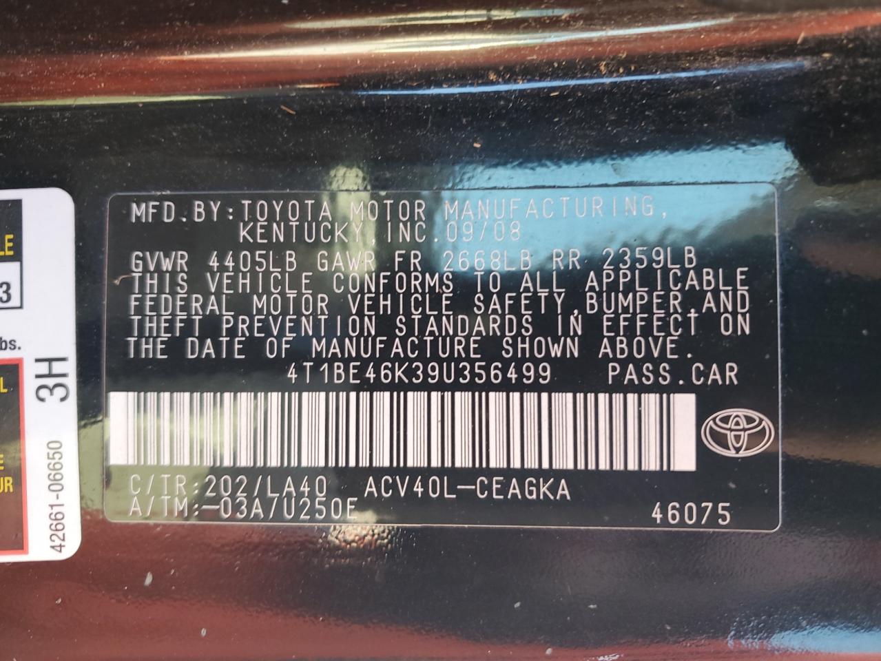 2009 Toyota Camry Base VIN: 4T1BE46K39U356499 Lot: 86618365