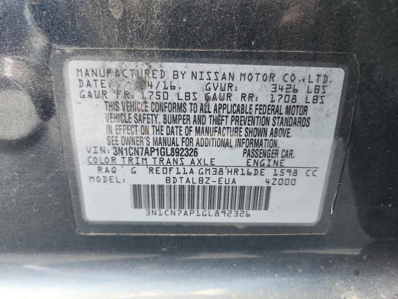 2016 Nissan Versa S VIN: 3N1CN7AP1GL892326 Lot: 85661595