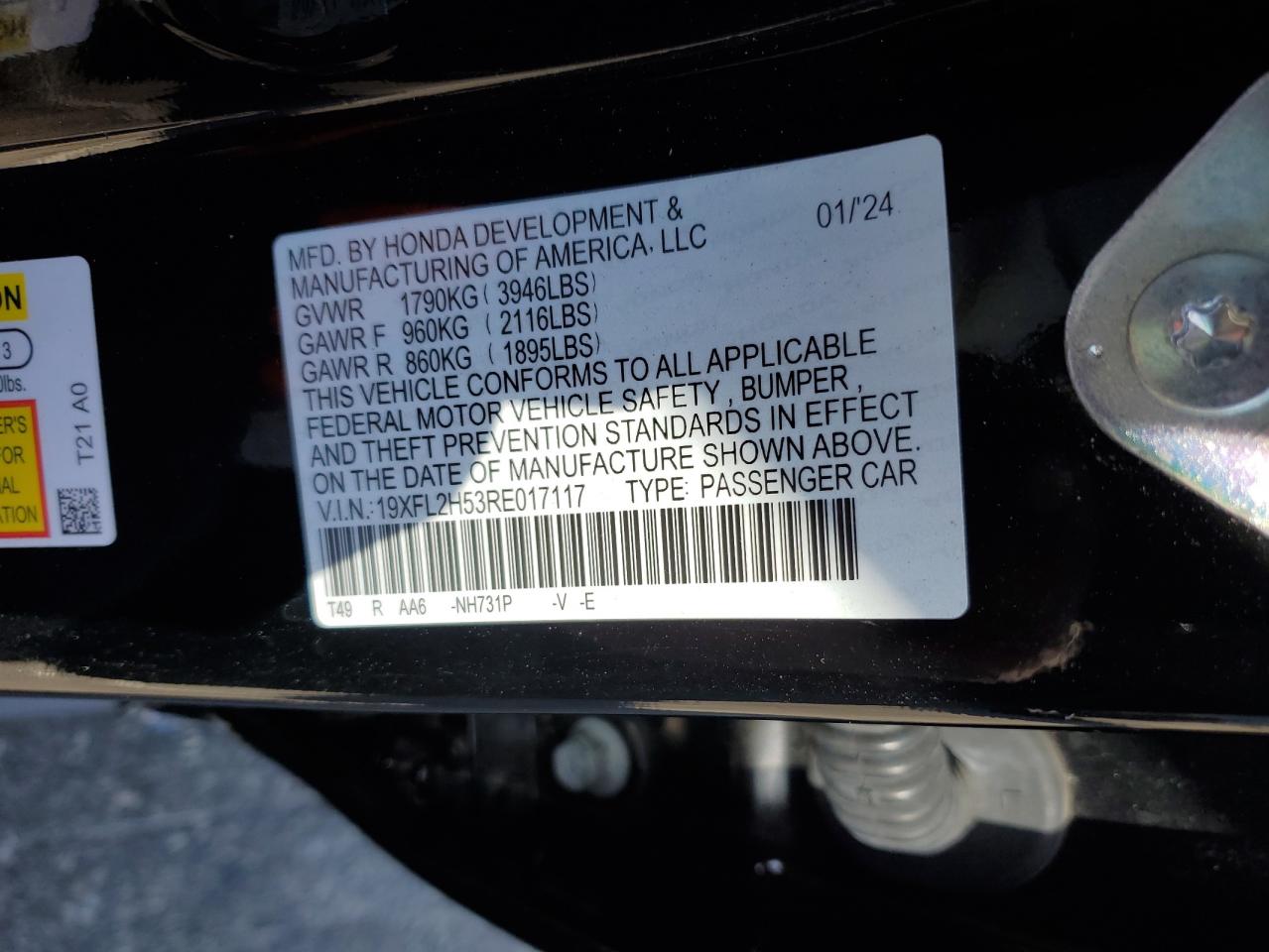 2024 Honda Civic Lx VIN: 19XFL2H53RE017117 Lot: 84458565