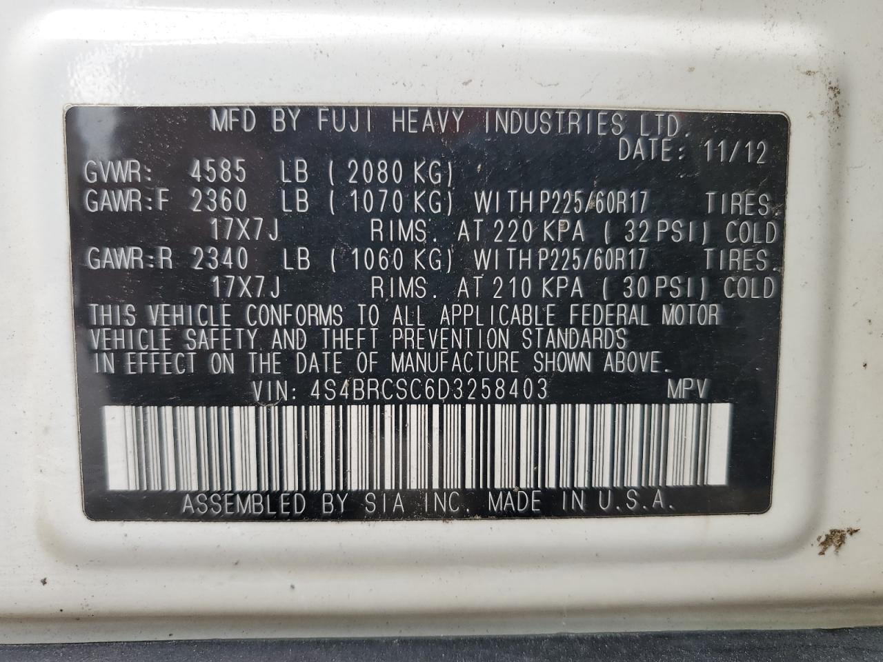 2013 Subaru Outback 2.5I Limited VIN: 4S4BRCSC6D3258403 Lot: 85751275