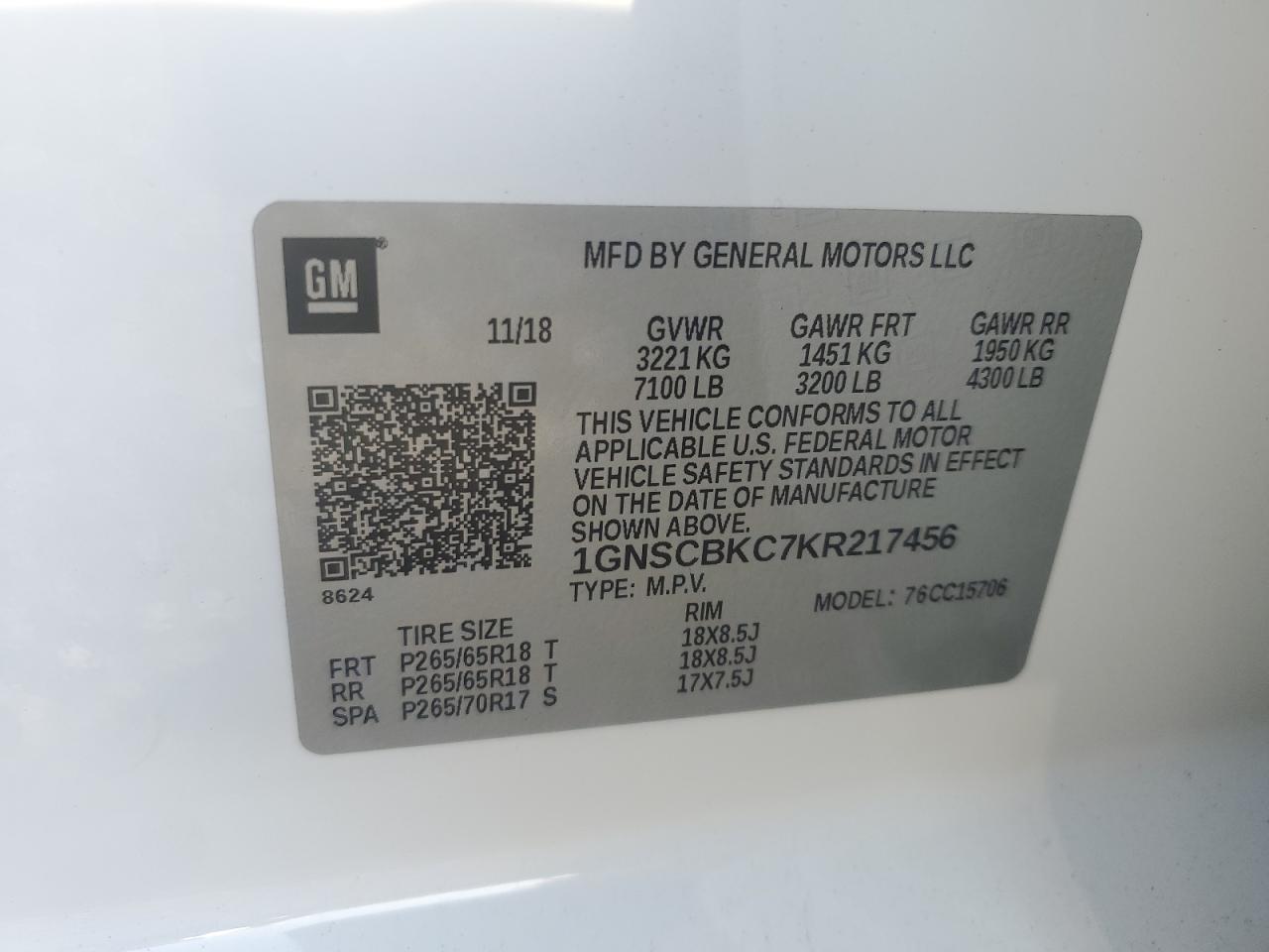 2019 Chevrolet Tahoe C1500 Lt VIN: 1GNSCBKC7KR217456 Lot: 82332675