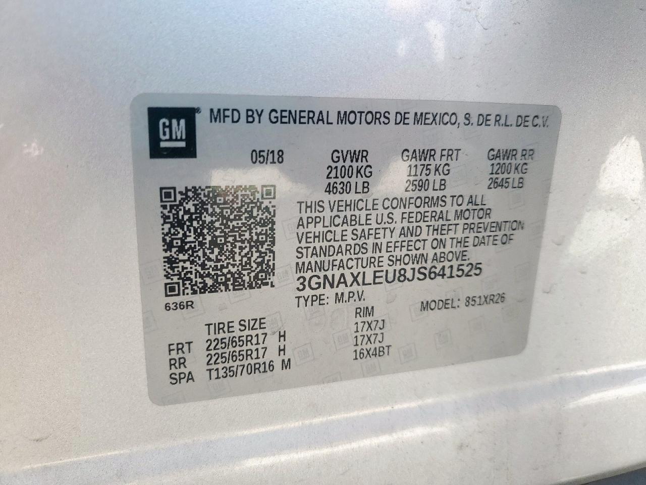 2018 Chevrolet Equinox Lt VIN: 3GNAXLEU8JS641525 Lot: 86150995