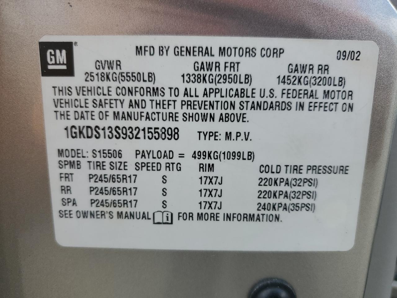 2003 GMC Envoy VIN: 1GKDS13S932155898 Lot: 82225515