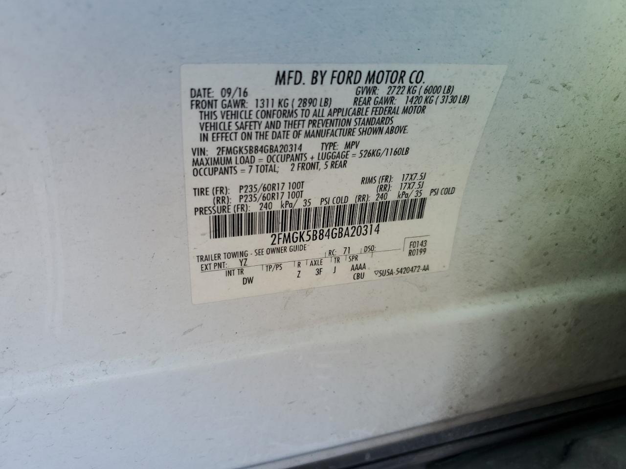 2016 Ford Flex Se VIN: 2FMGK5B84GBA20314 Lot: 87120255