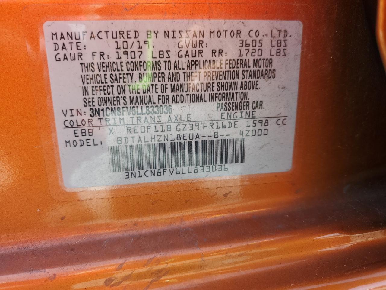 2020 Nissan Versa Sr VIN: 3N1CN8FV6LL833036 Lot: 85490665