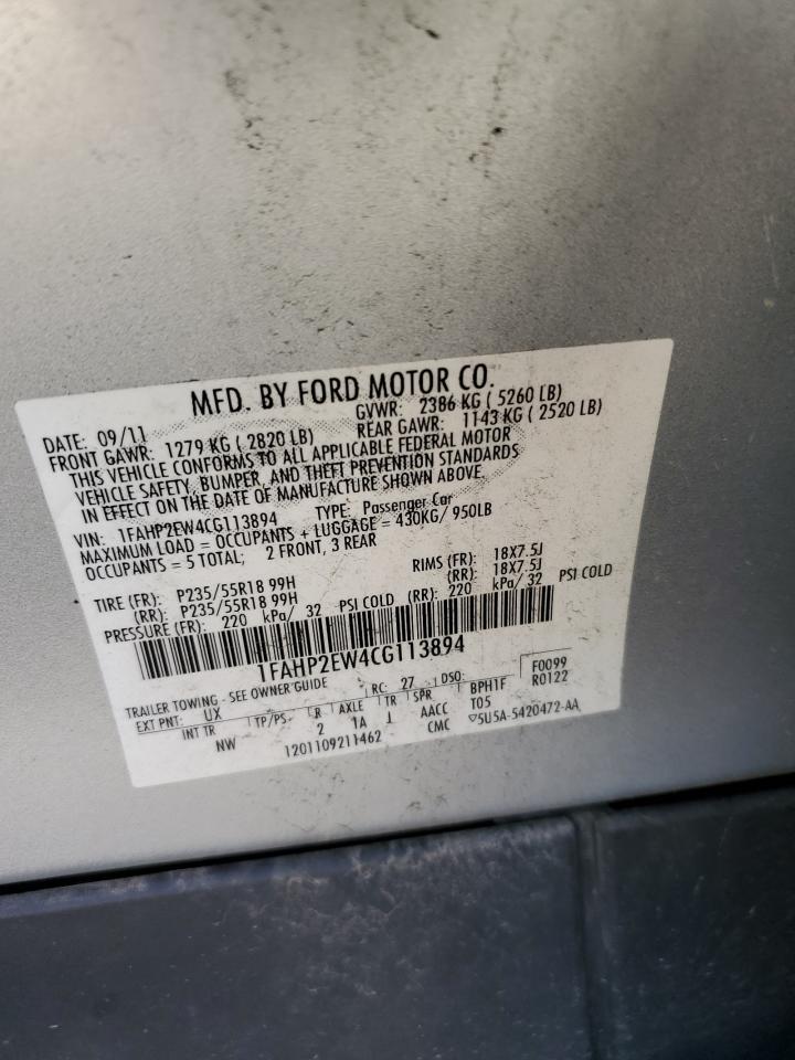 2012 Ford Taurus Sel VIN: 1FAHP2EW4CG113894 Lot: 86655255