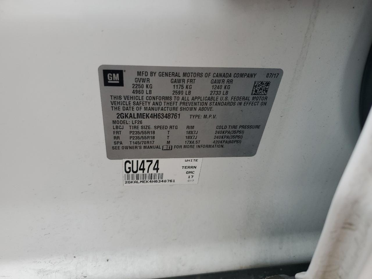 2017 GMC Terrain Sle VIN: 2GKALMEK4H6348761 Lot: 85707385