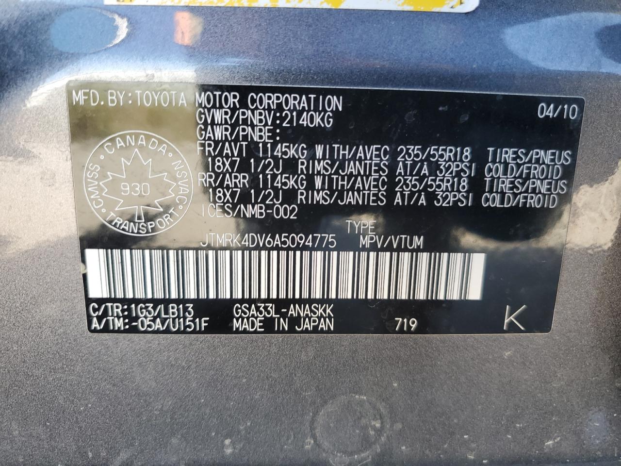 2010 Toyota Rav4 Sport VIN: JTMRK4DV6A5094775 Lot: 84893405