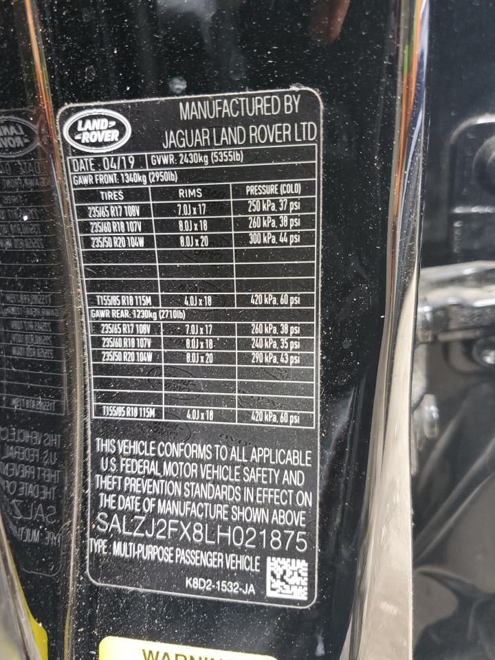 2020 Land Rover Range Rover Evoque S VIN: SALZJ2FX8LH021875 Lot: 86093605