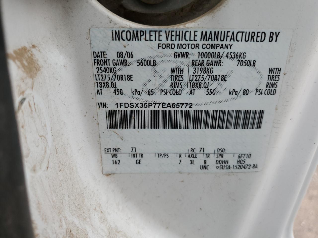 2007 Ford F350 Srw Super Duty VIN: 1FDSX35P77EA65772 Lot: 86156935