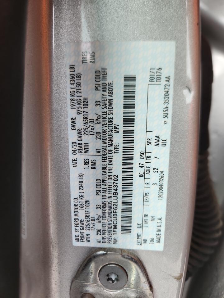 2020 Ford Escape S VIN: 1FMCU0F62LUB43702 Lot: 81571295