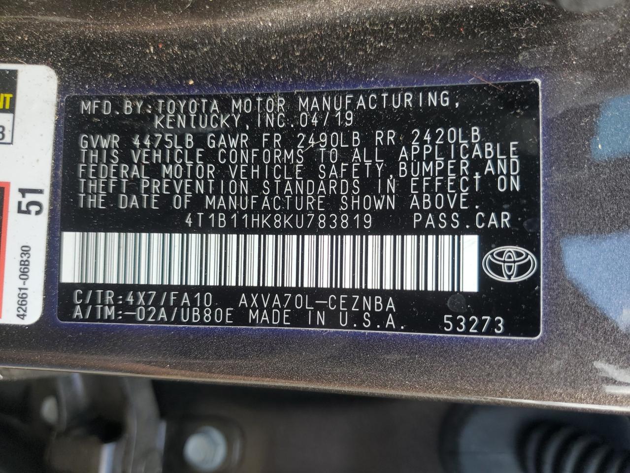 2019 Toyota Camry L VIN: 4T1B11HK8KU783819 Lot: 82302775