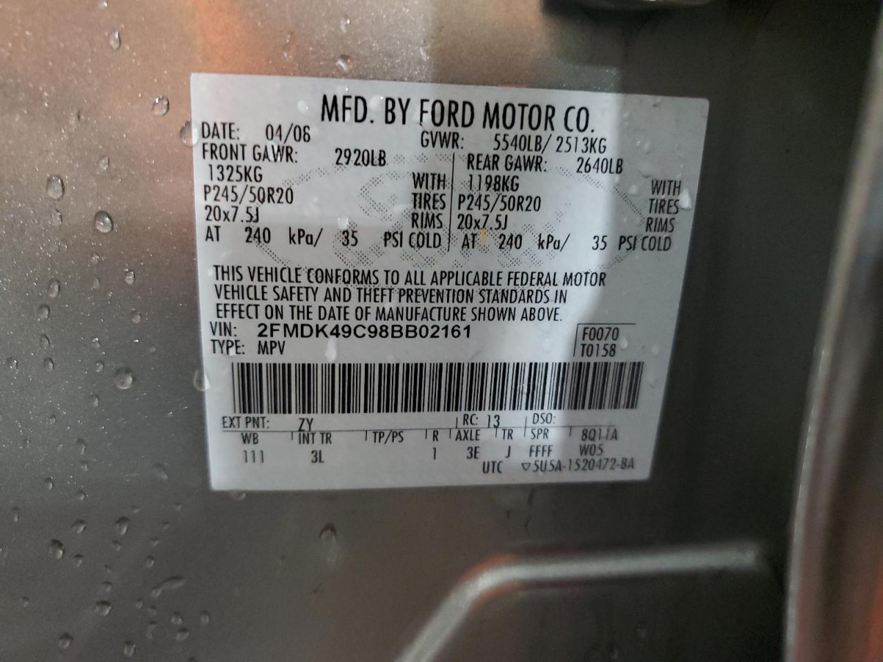 2008 Ford Edge Limited VIN: 2FMDK49C98BB02161 Lot: 85718435