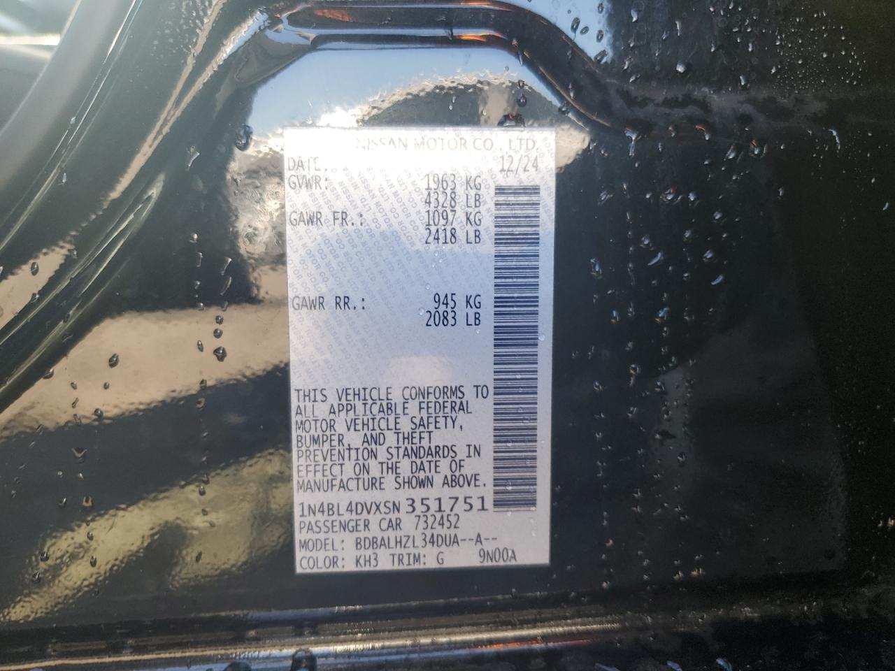 2025 Nissan Altima Sv VIN: 1N4BL4DVXSN351751 Lot: 85940735