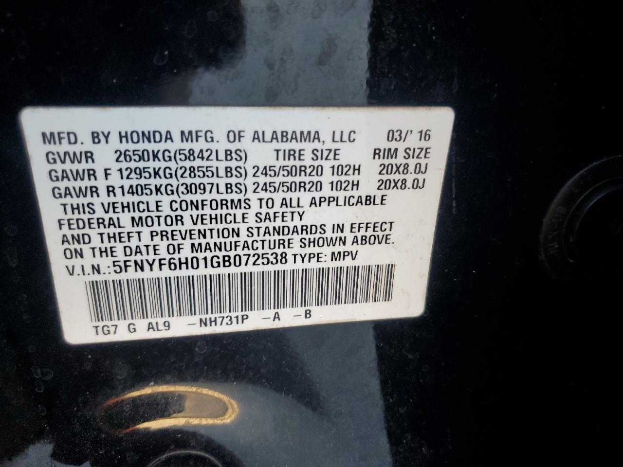 2016 Honda Pilot Elite VIN: 5FNYF6H01GB072538 Lot: 87278695