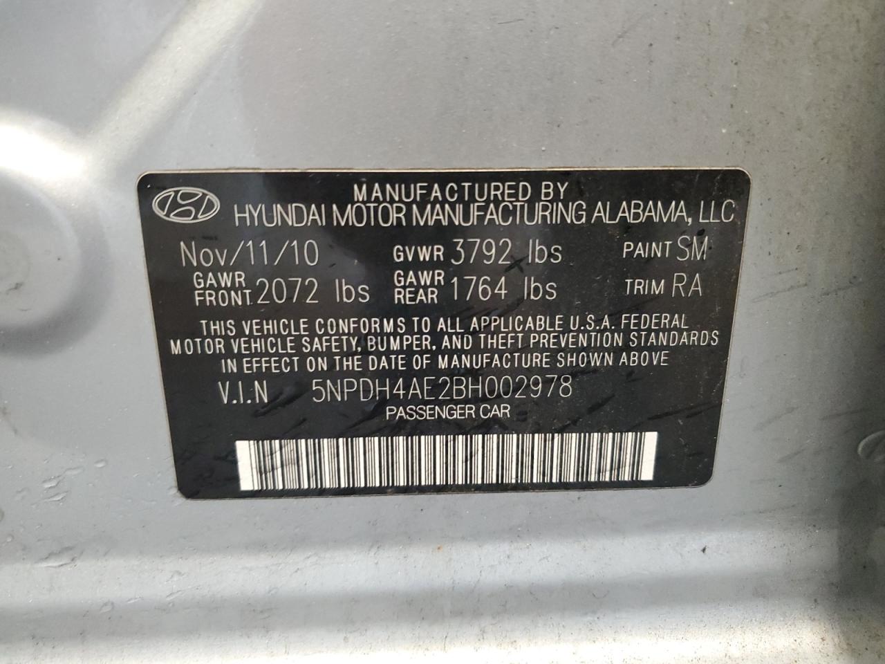 2011 Hyundai Elantra Gls VIN: 5NPDH4AE2BH002978 Lot: 86140805