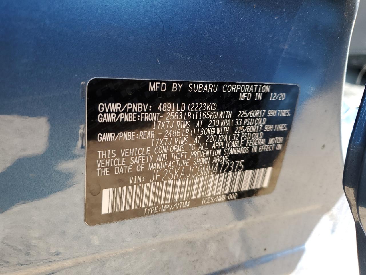 2021 Subaru Forester Premium VIN: JF2SKAJC8MH472375 Lot: 84941665