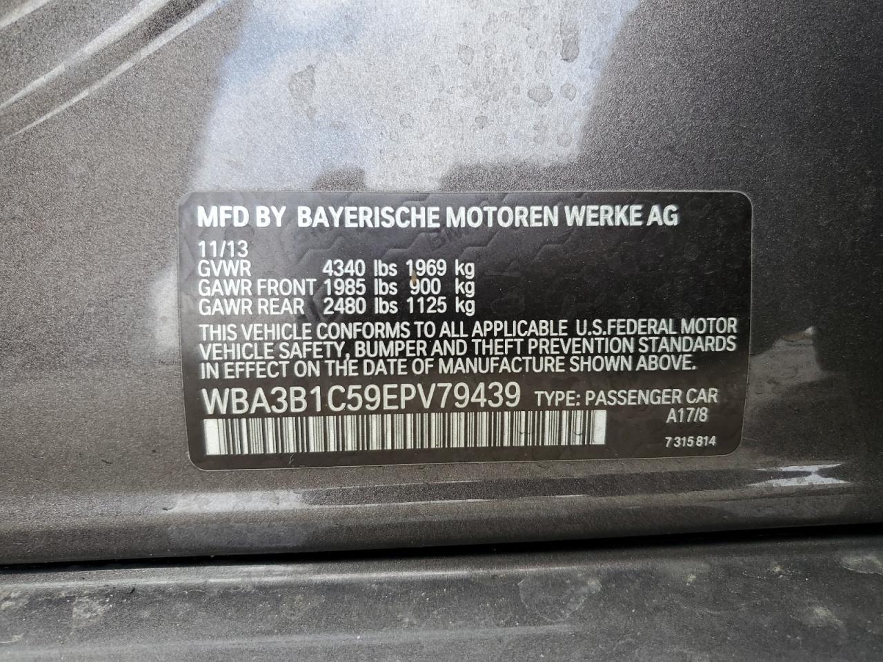 2014 BMW 320 I VIN: WBA3B1C59EPV79439 Lot: 82186765