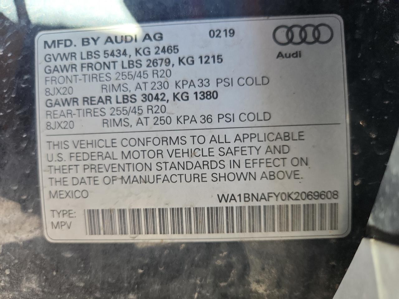 2019 Audi Q5 Premium Plus VIN: WA1BNAFY0K2069608 Lot: 84470205