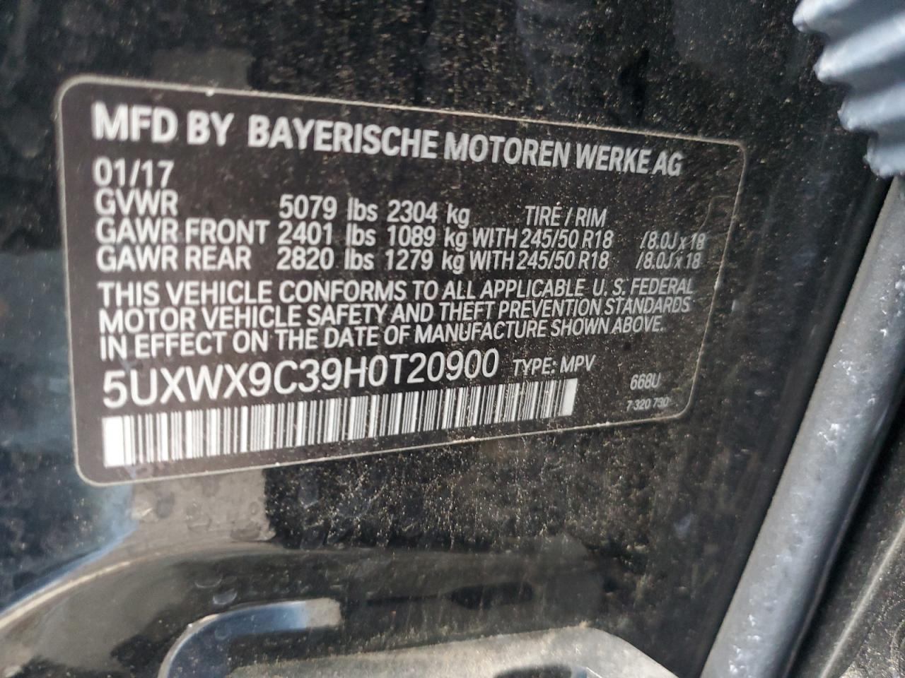 2017 BMW X3 xDrive28I VIN: 5UXWX9C39H0T20900 Lot: 85939435