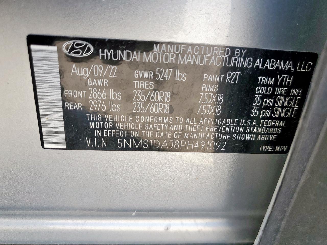 2023 Hyundai Santa Fe Se VIN: 5NMS1DAJ8PH491092 Lot: 86154885