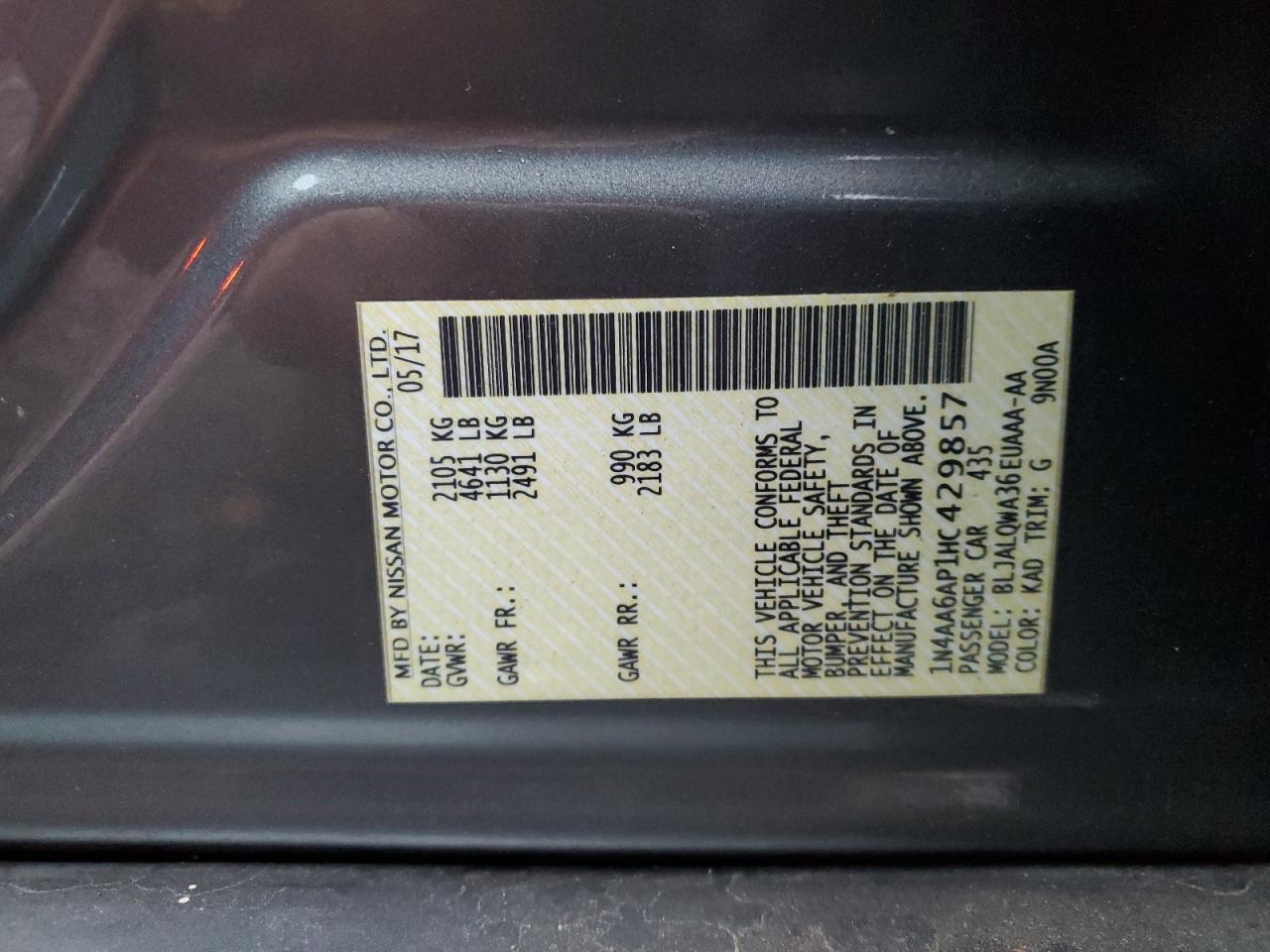 2017 Nissan Maxima 3.5S VIN: 1N4AA6AP1HC429857 Lot: 86495475