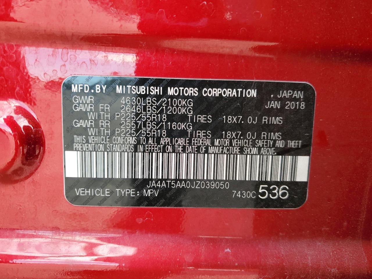 2018 Mitsubishi Eclipse Cross Se VIN: JA4AT5AA0JZ039050 Lot: 87264845