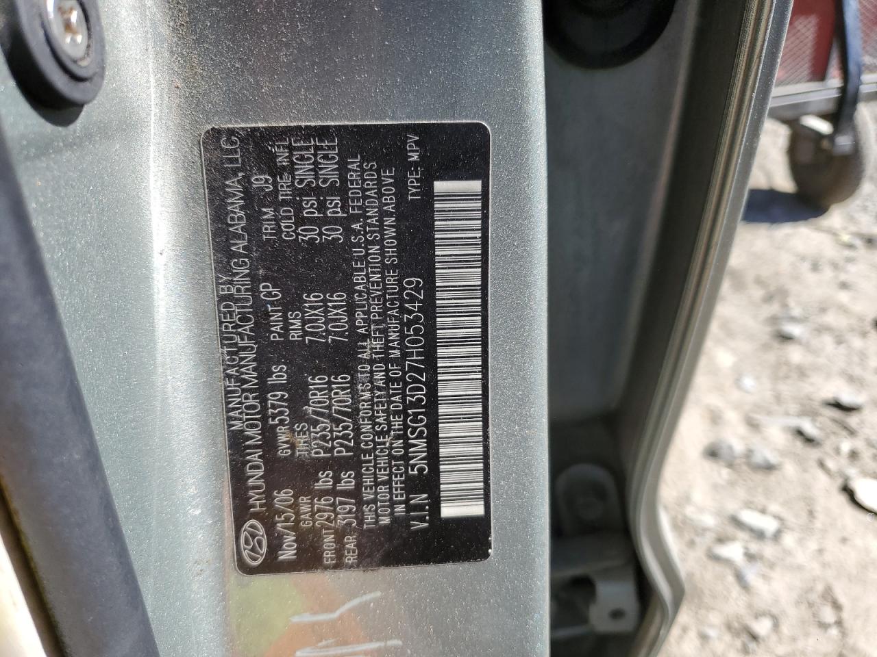 2007 Hyundai Santa Fe Gls VIN: 5NMSG13D27H053429 Lot: 85751395