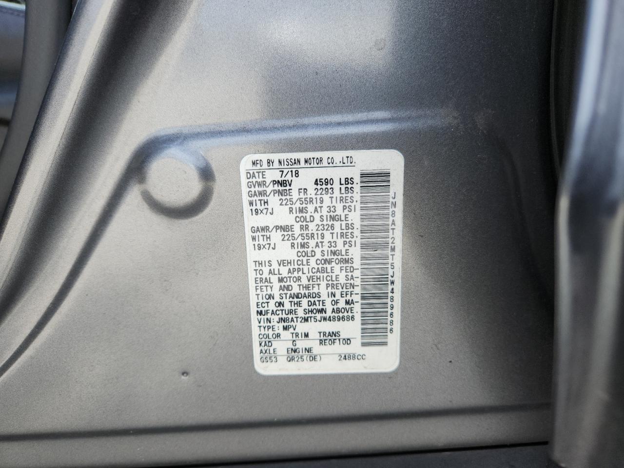 2018 Nissan Rogue S VIN: JN8AT2MT5JW489686 Lot: 85303355