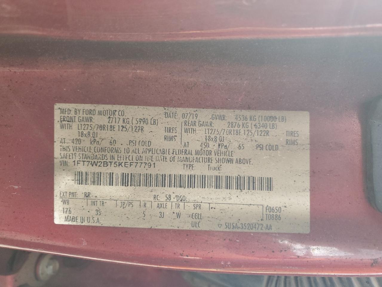 2019 Ford F250 Super Duty VIN: 1FT7W2BT5KEF77791 Lot: 86853755